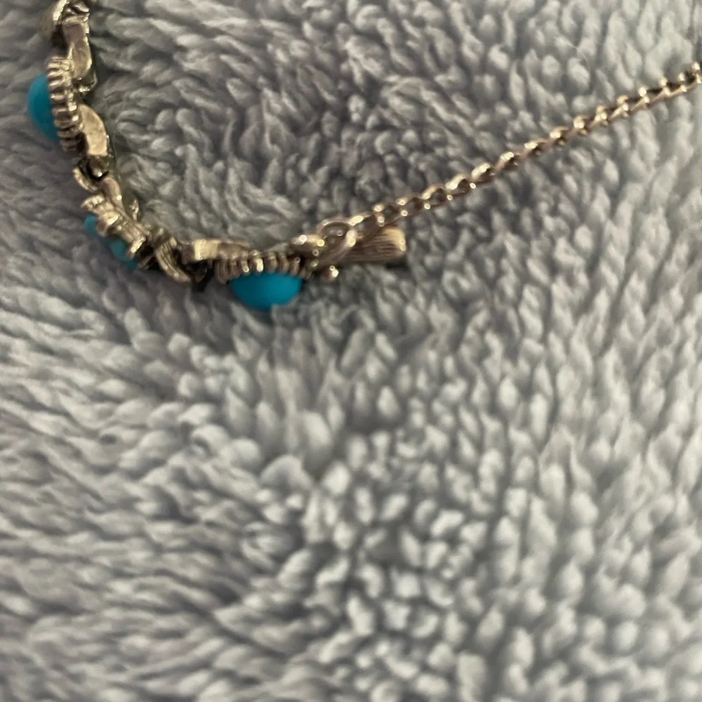 Vintage Mid-Century Silvertone Turquoise Floral Link Bracelet with Safety Chain